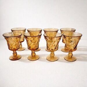 Amber Goblet Glasses Set of 8 Vintage Pressed Glass Wine Water Goblets 6” Tall
